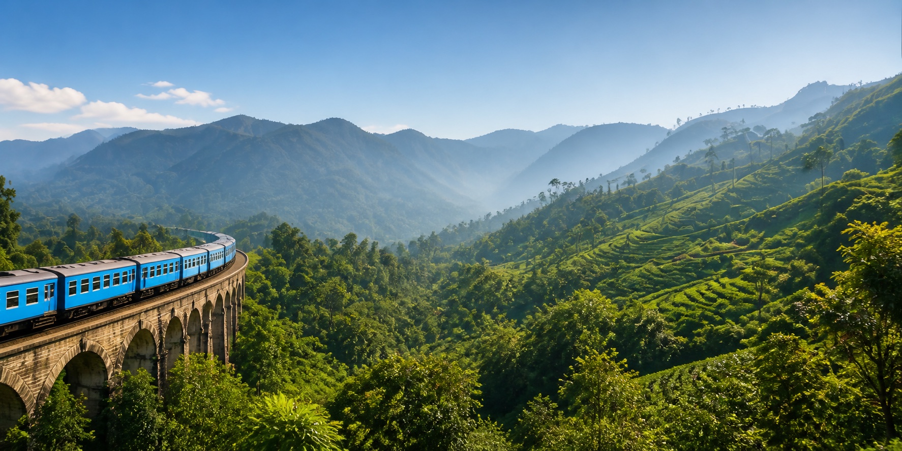 Blue train crossing a bridge through Sri Lanka's lush hill country